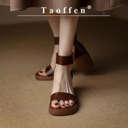 Brand Genuine Cow Leather Sandals Block Mid Heel Roma Open Toe Retro Buckle Ankle Strap 2023 Trend 240327