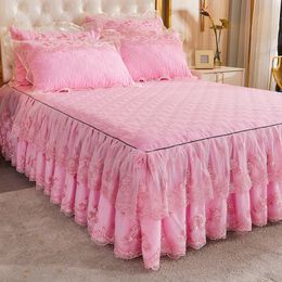 Korea Solid Brushed Bedspread Set Lace Quilted Queen King Size Ruffles Bedskirt Double Bed Cover with 2 Pillowcases