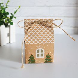 House Shaped Candy Gift Box Bag Kraft Paper Box for Packaging Christmas Cookie Box With String10pcs/lot XMAS New Year Decoration