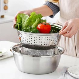 3pcs 1set Vegetable Slicer Multifunctional Stainless Steel Cutter Fruit Salad Bowl Drain Basket Kitchen Gadgets 240328