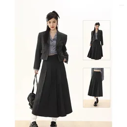 Work Dresses Women Fashion Dress Set 2024 Autumn Long Sleeve Lapel Suit Jacket Pleated Half Midi Skirt Korean Two-piece