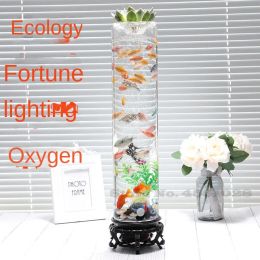 Standing Barrel Shape Fish Tank 360 Ultra Clear Glass Fish Bowl Desktop Mini Ecological Aquarium Room Decor with LED Air Pump