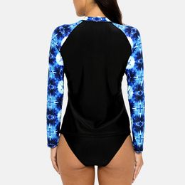 Anfilia Women Long Sleeve Rashguard Top Floral Print Swimwear Surf Running Shirts Rash Guard UPF50+ Retro Geometric Beach Wear