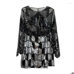 Work Dresses Birthday Party Korean Womens Fashion Heavy Craft Nail Bead Long Sleeve Sequin Shirt With Buttocks And Skirt 2Pcs Set Drop Dhwgx