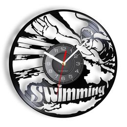 Swimming Pool Modern Art Silent Wall Clock For Natatorium Exercise Vinyl Record Decor Swimmer Sports Home Decor Disc Crafts