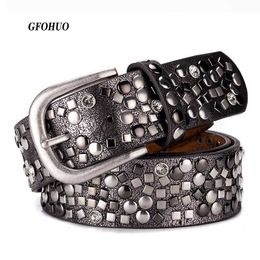 Belts Split leather+PU rivet strap fashionable Rhinestone womens screw strap high-quality womens leather rock womens jeans strapC240410