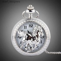 Pocket Watches Luxury Animal Horse Pocket Mens Male Silver Elegant Pocket With Chain Masculino Relogio Dads Gift Clock VintageSaati Y240410