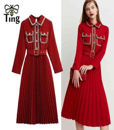 Vintage Elegent Turn Down Collar Pleated Midi Dress Retro CC Look Casual with Belt Spring Autumn Vestidos Frocks 2105139997326