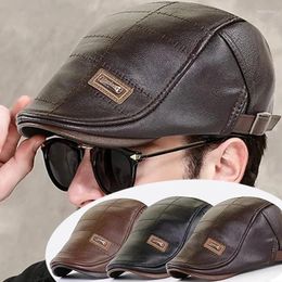 Ball Caps Men Fashion Retro PU Leather Beret Hats Autumn Winter Warm Hat Middle-aged Men's Visor Flat Peaked Cap Adjustable