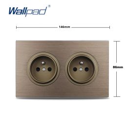 Wallpad L6 Electrical Power Outlet Brown Brushed Aluminum Panel 146 * 86mm Double French Wall Socket