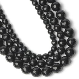 Natural Faceted Black Stone Beads Agates Onyx Round Loose Beads For Diy Needlework Handmade Bracelet 6mm 8mm 10mm 15''Strand