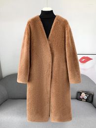 Women's Fur Korean Version Of Lamb Coat 2024 Winter V-neck Integrated Sheep Cut Wool For Medium Length