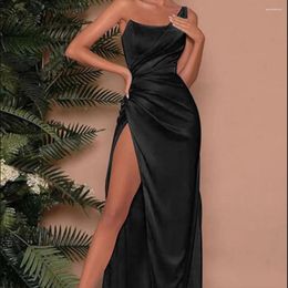 Party Dresses Column/Sheath Empire Sexy High Split Wedding Guest Prom Dress One Shoulder Sleeveless Sweep Brush Train Charmeuse With Slit