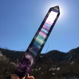 Natural Rainbow Fluorite Column Self Stand Healing Purple Crystal Faceted Prism Wand Carved Reiki Stone Figurine Ornaments