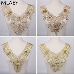 MLAEY Gold Flower Necklace Lace Collar 3D Embroidery Neckline Applique Sewing Lace Trim DIY Lace Fabric Sewing Fabric Trim 19724