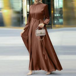 Ethnic Clothing Elegant Dubai Turkey Islamic Women's Dresses Round Neck Long-Sleeved Strap Waist Slim Ladies Fashion Solid Color Kaftan
