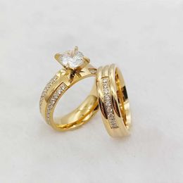 Band Rings 24k gold-plated 316L stainless steel jewelry CZ diamond wedding ring set suitable for women and womens engagement statement gifts J240410