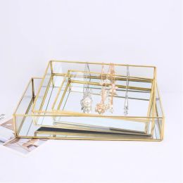 Nordic Retro Storage Tray Gold Rectangle Glass Makeup Organizer Tray Dessert Plate Make up Jewelry Display Home Kitchen Decor