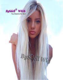 New Arrival Sexy Lady Long Natural Straight Platinum Blonde Hair Wig Synthetic Lace Front Wig with dark roots for White Women2255925