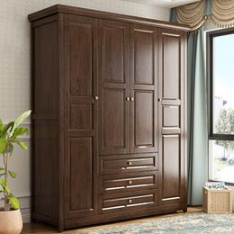 Walnut Country American Style Wardrobe Bedroom 7 Doors Clothes Hanging Cabinet Storage Large Capacity Drawer Furniture