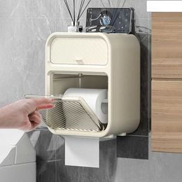 Toilet Paper Holders Multifunctional Double Layer Toilet Paper Storage Box Wall Mounted Punch-Free Waterproof Bathroom Tissue Holder with Drawer 240410