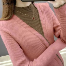 Sweatshirts Autumn Winter Knitted Long Sleeve Female Fake Two Pieces Turtleneck Sweater 2022 Splicing Bottoming Shirt Women's Clothing Top