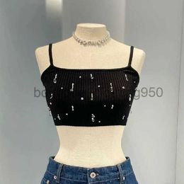 Designer Women's T-Shirt New Elastic Beaded Slim Strap Classic Black Inlaid Diamond Leaky Bellybutton Short Knitted Slim Fit Top Tops Tees