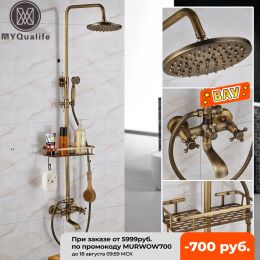 Antique Brass Wall Mounted Bathtub Shower Set Faucet Dual Handle with Commodity Shelf Long Spout Bathroom Shower Mixers Rainfall