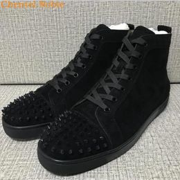 Casual Shoes Flock Leather Spikes Men Flats Sole Casuales Sneaker Lace-Up Black Color High Top Breathable Tenis Masculino