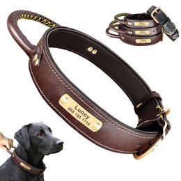 Leather Dog Collar Personalised ID Tag Collar For Medium Large Dogs Pet Walking Training Quick Control Necklace With Handle