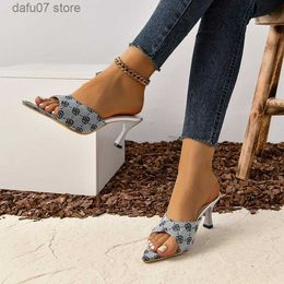 Slippers Pointed print high heel sandals for women in 2024 new large fish mouth exposed toe slim womens H240410