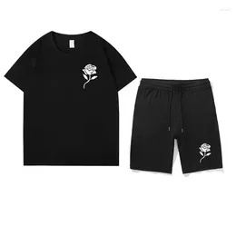 Men's Tracksuits Rose Printed Shorts Sets Men Tracksuit Cotton T-Shirts Sport Suit 2 Piece Set Streetwear Summer Outfits Clothing