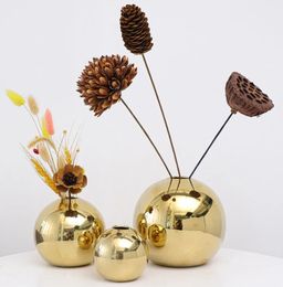 European Electroplated Gold Ball Ceramic Vase Ornament Hydroponic Flower Vase Flower Arrangement Plant Table Living Room Decor