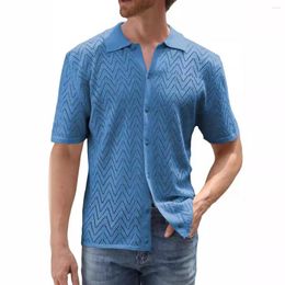 Men's Polos Men Spring Summer Knitted Tops Short Sleeve Turn-down Collar Geometry Button Cardigan Knit Polo Shirts Streetwear Clothing