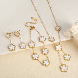 Pendant Necklaces Stainless Steel Colorful Clover Bracelet Set for Women Luxury Necklace Earrings Jewelry Five-Leaf Flower Christmas Gift Flower C 240410