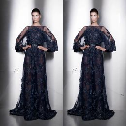 Ziad Nakad Evening Dresses Jewel Long Sleeves Lace Appliques Sequins Prom Gowns Custom Made Sweep Train A Line Special Occasion Dress