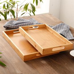 Rectangle Bamboo Tea Tray Serving Table Plate Snacks Food Storage Dish for Hotel Home Serving Tray Breakfast Tray with Handles