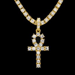 Egyptian Ankh Key of Life Necklaces Mens Iced out Bling crystal Cross Pendant Gold Silver Tennis chain For women Rapper Hip Hop Je288w