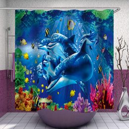 Dolphin Shower Curtain, Blue Underwater World Marine Life , Polyester Fabric Kids Ocean Theme Bathroom Decor Set with 12 Hooks