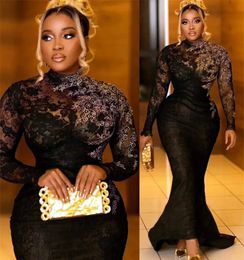 Vintage Black Lace Mermaid Evening Dresses With Gold Appliques Long Sleeves High Neck Formal Occasion Gown For Women 2024 Aso Ebi Arabic Prom Dress Custom Made