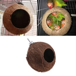 Bird Parrot Finch Nest Natural Coconut Shell Hanging Chain Cage Toys Swing House 090