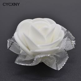 50pcs 4cm Gold Lace White Roses Artificial Rose Flowers DIY Scrapbooking Craft Gift Accessories Wreath Home Wedding Decor