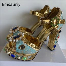 Exotic Embroidery Lace Rhinestone Sandals Women Chunky Heel Crystal Flower Pearl Diamond Platform Wedding Shoes Woman 240329