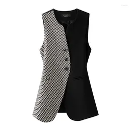 Women's Vests Spring Autumn Splicing Women Top 2024 Mid Length Fashion Vest Coat Design Sense Round Neck Female