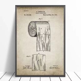 Bathroom Ware Patent Retro Poster Flush Toilet Paper Toilet Lid Patent Vintage Wall Art Canvas Painting Washingroom Decor