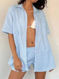 Women's Tracksuits 2 Piece Set Women Casual Plaid Shorts Sets Lapel Neck Short Sleeve Button Down Shirts Lounge Summer Beachwear