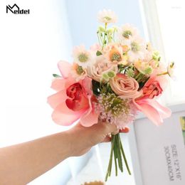 Wedding Flowers Meldel Bouquet Artificial Silk Rose Flower Pompom Orchid Bridesmaid Party Supplies Marriage Decor