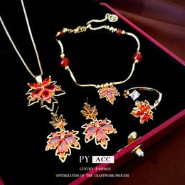 Real Gold Electroplated Red Zircon Maple Leaf Necklace Set for Autumn and Winter High End Feeling Collar Chain, Unique Fashion Jewellery