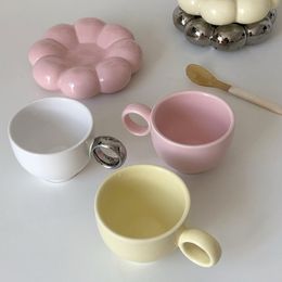 Nordic Pink Flower Ceramic Coffee Mug Saucer Reusable Creative Cute Home Decorative Breakfast Latte Milk Tea Cup Set Couple Gift