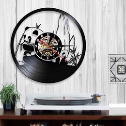 Panda Vinyl Record Wall Clock Wild Panda Bear Eating Bamboo Clocks Housewarming Gift for Baby Teens Kids Room Art Decor